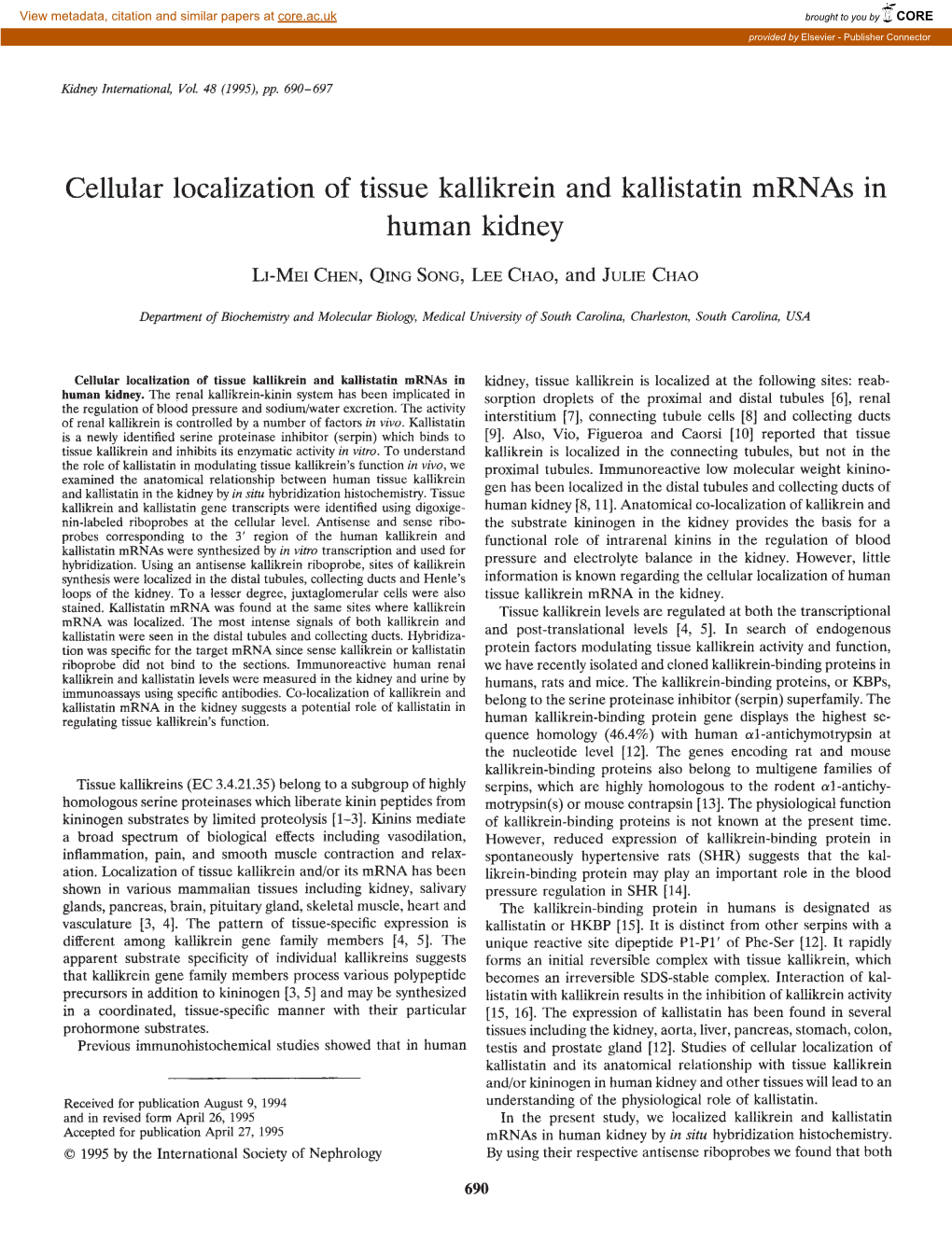 Cellular Localization of Tissue Kallikrein and Kallistatin Mrnas in Human