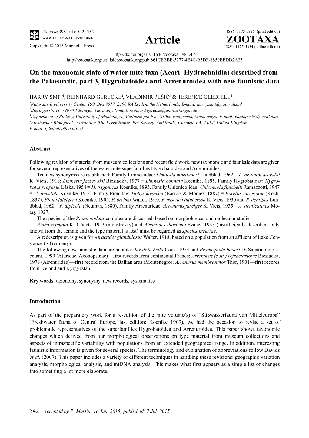 On the Taxonomic State of Water Mite Taxa (Acari: Hydrachnidia) Described from the Palaearctic, Part 3, Hygrobatoidea and Arrenuroidea with New Faunistic Data