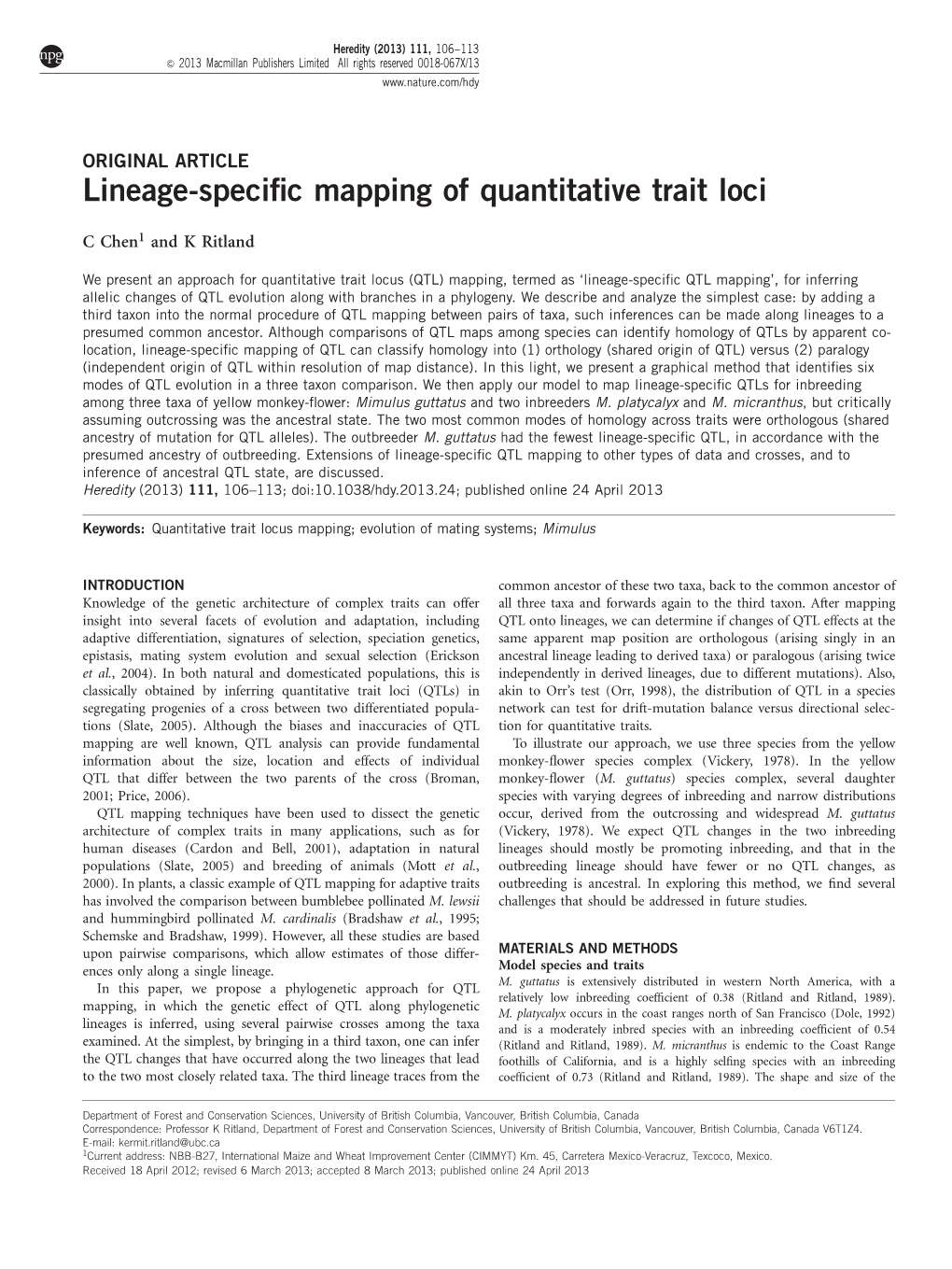 Lineage-Specific Mapping of Quantitative Trait Loci