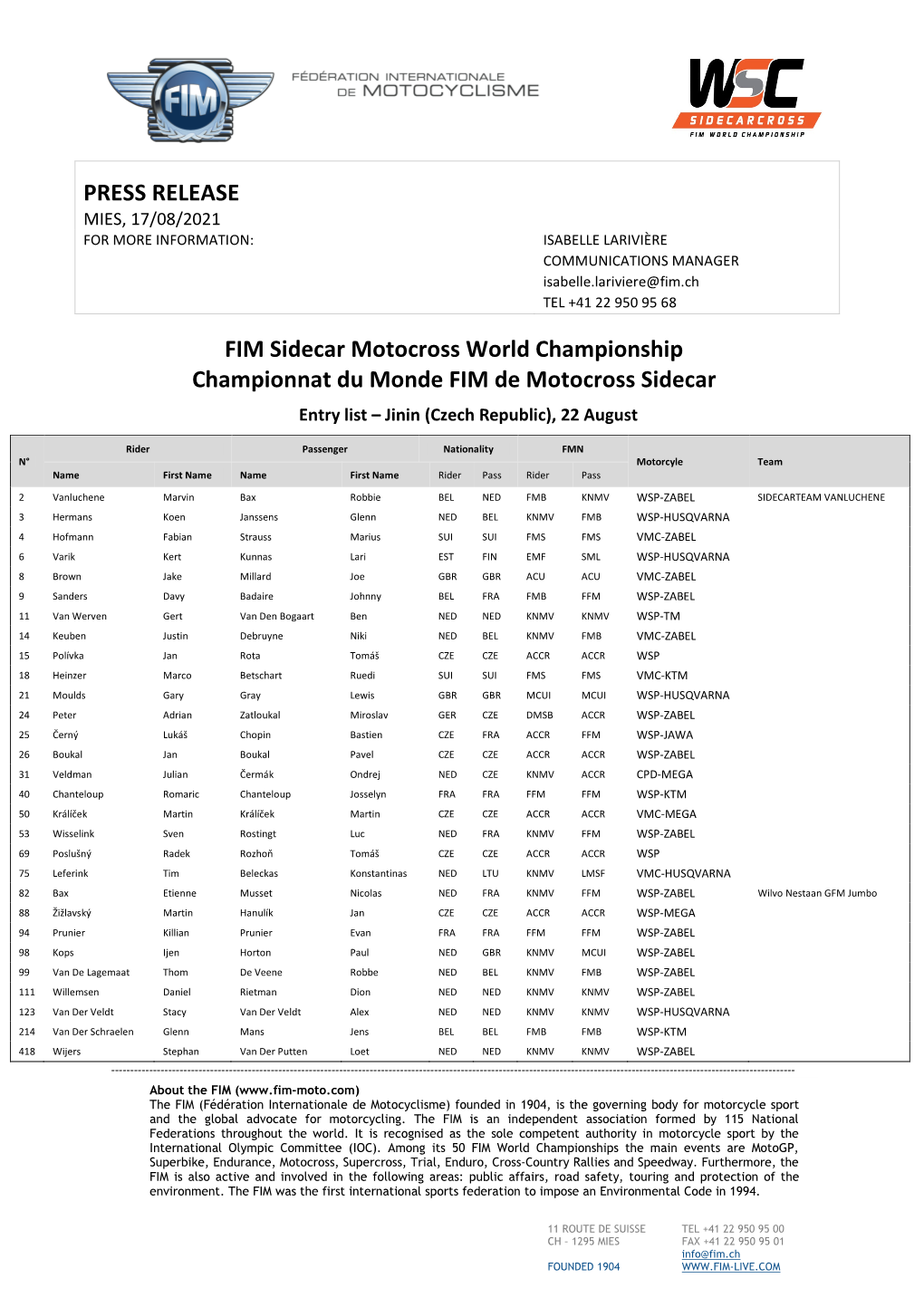 FIM Sidecar Motocross World Championship – Entry List – Jinin