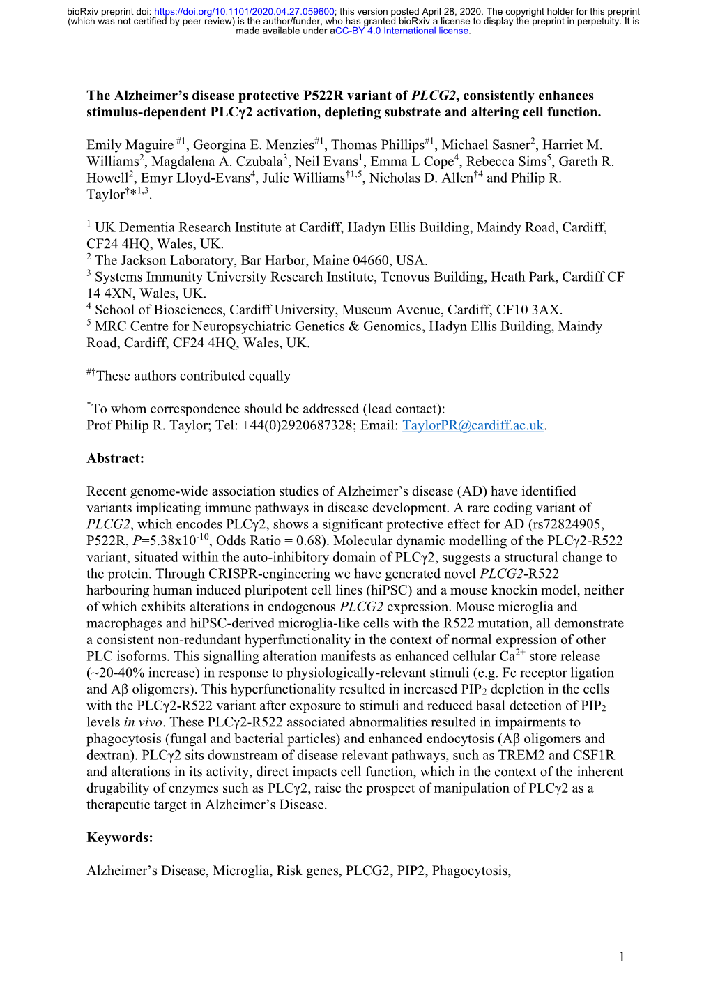 The Alzheimer's Disease Protective P522R Variant of PLCG2