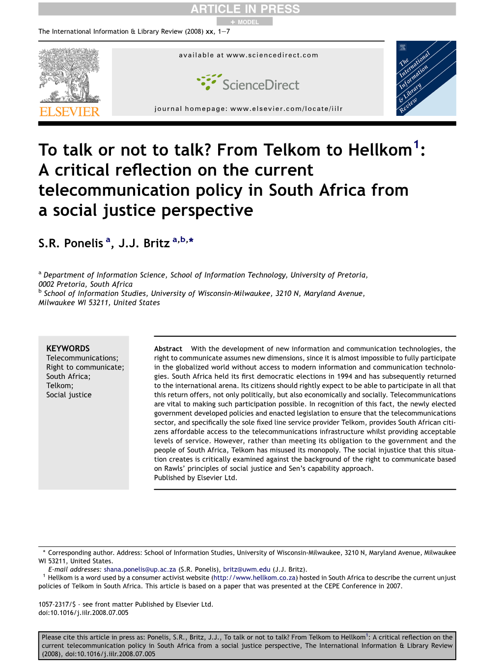 From Telkom to Hellkom1: a Critical Reﬂection on the Current Telecommunication Policy in South Africa from a Social Justice Perspective