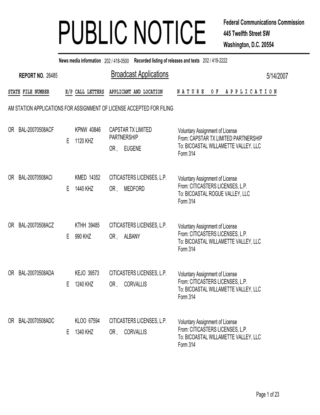 Broadcast Applications 5/14/2007