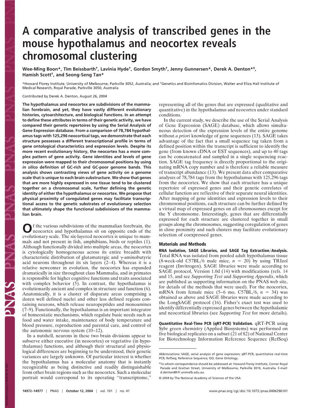 A Comparative Analysis of Transcribed Genes in the Mouse Hypothalamus and Neocortex Reveals Chromosomal Clustering