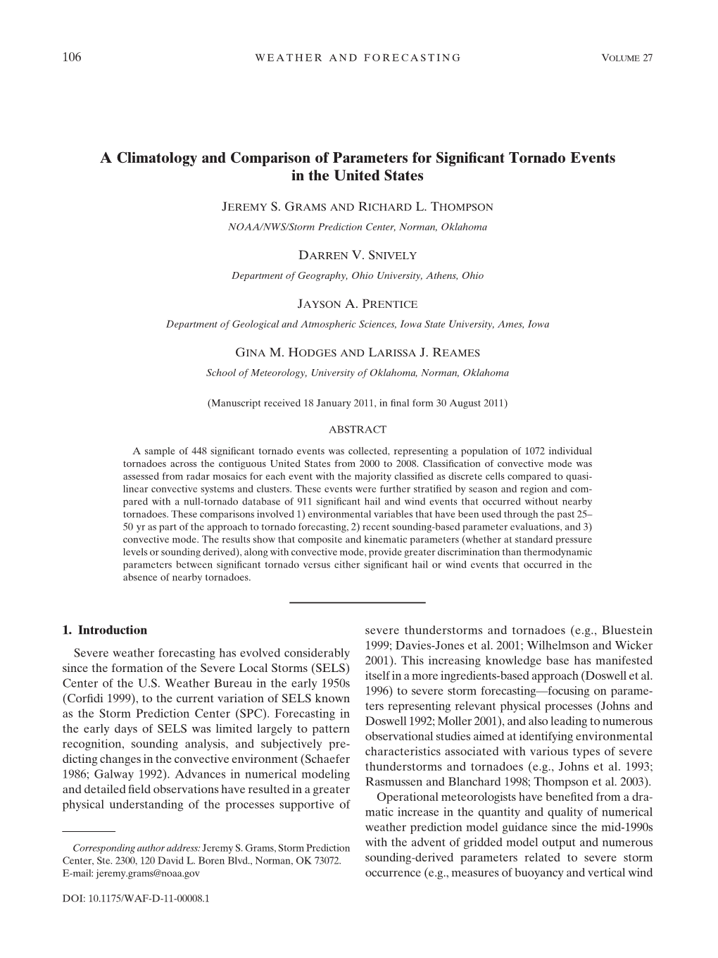 A Climatology and Comparison of Parameters for Significant Tornado