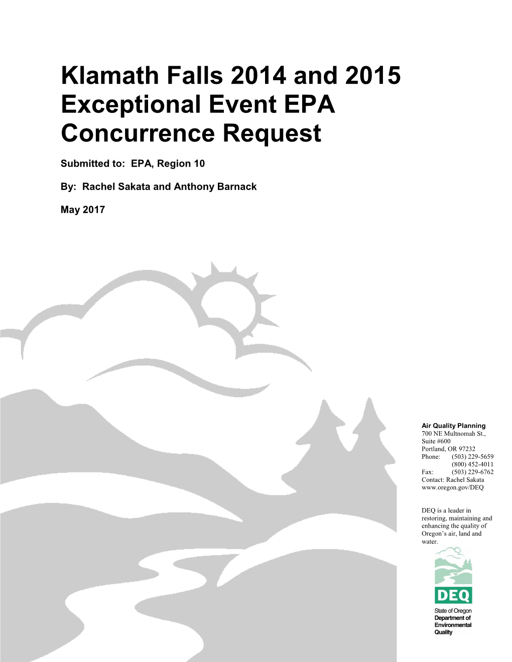 Klamath Falls 2014 and 2015 Exceptional Event EPA Concurrence Request