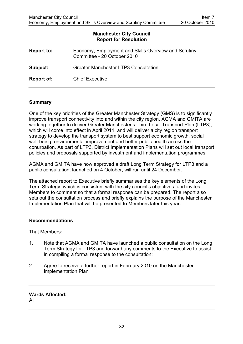 Local Transport Plan 3 Report to the Economy, Employment and Skills Overview and Scrutiny Committee on 20 October 2010