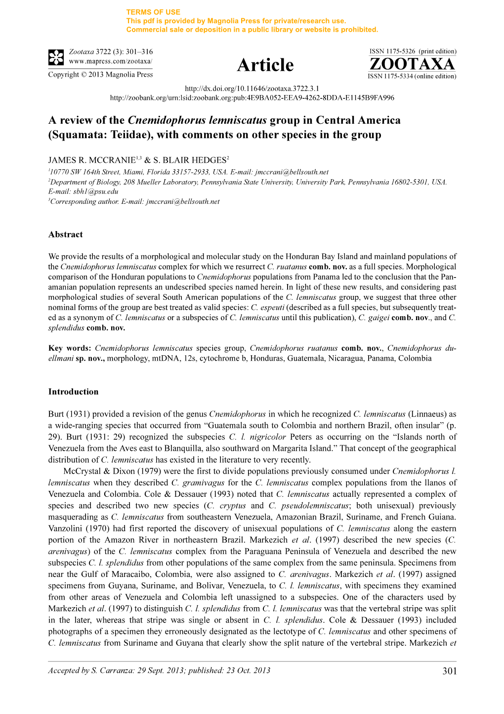 A Review of the Cnemidophorus Lemniscatus Group in Central America (Squamata: Teiidae), with Comments on Other Species in the Group