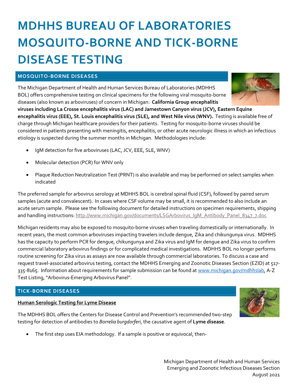 MDHHS BOL Mosquito-Borne and Tick-Borne Disease Testing