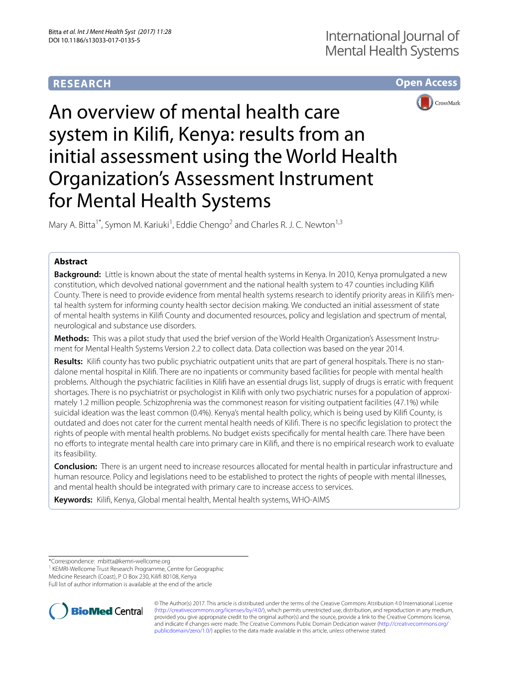 An Overview of Mental Health Care System in Kilifi, Kenya