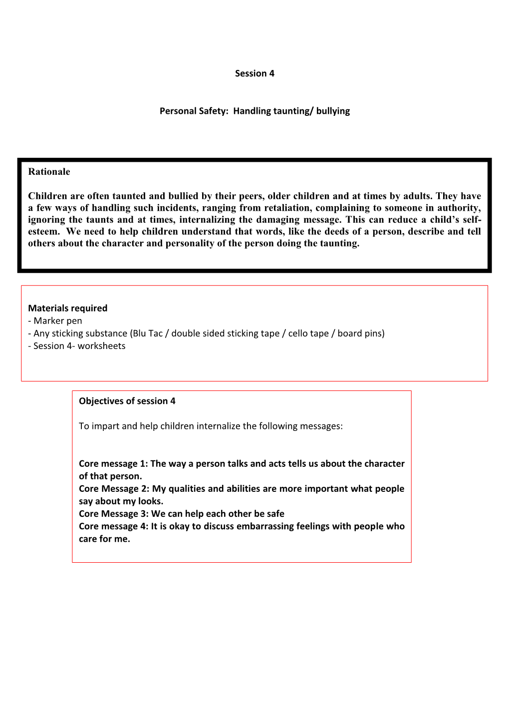 Session 4 Personal Safety: Handling Taunting