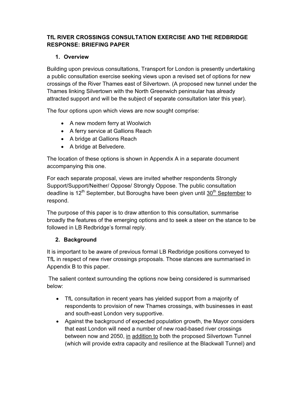 Tfl RIVER CROSSINGS CONSULTATION EXERCISE and the REDBRIDGE RESPONSE: BRIEFING PAPER