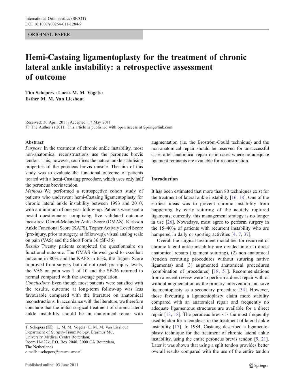 Hemi-Castaing Ligamentoplasty for the Treatment of Chronic Lateral Ankle Instability: a Retrospective Assessment of Outcome