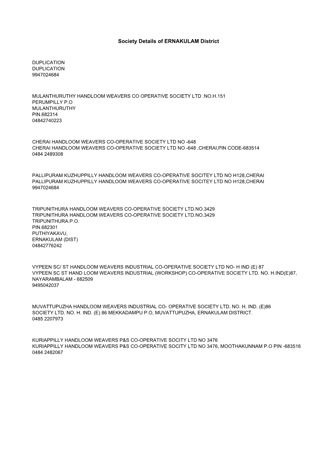 Society Details of ERNAKULAM District