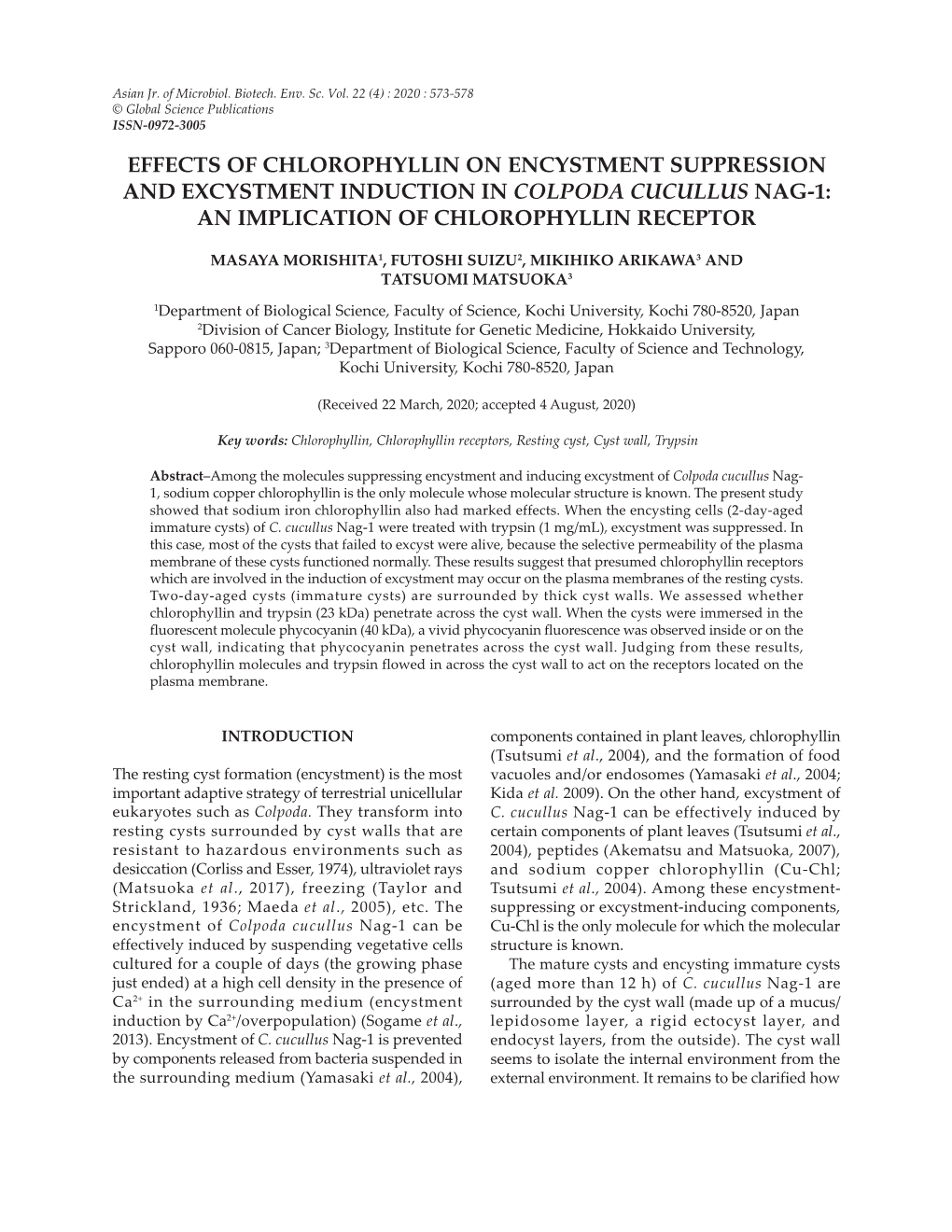 Effects of Chlorophyllin on Encystment Suppression and Excystment Induction in Colpoda Cucullus Nag-1: an Implication of Chlorophyllin Receptor