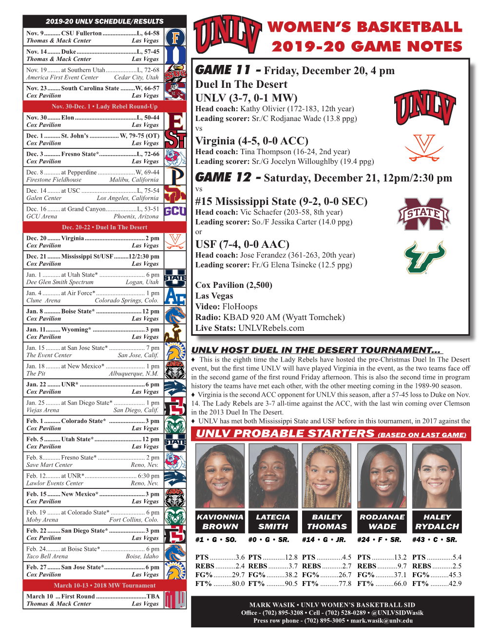 Women's Basketball 2019-20 Game Notes