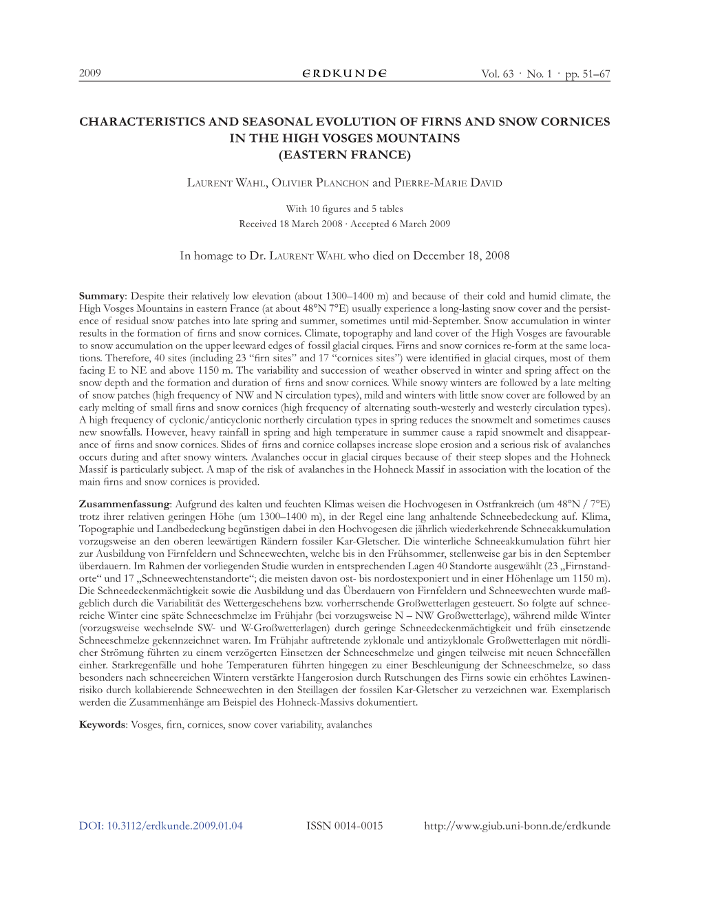 Characteristics and Seasonal Evolution of Firns and Snow Cornices in the High Vosges Mountains (Eastern France)