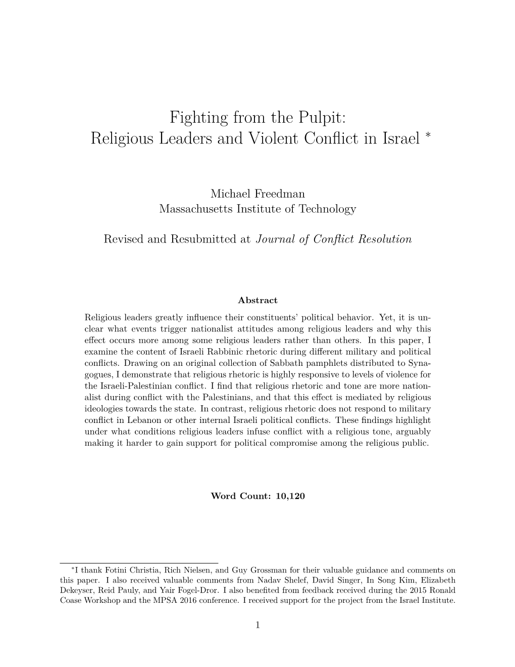 Fighting from the Pulpit: Religious Leaders and Violent Conflict in Israel