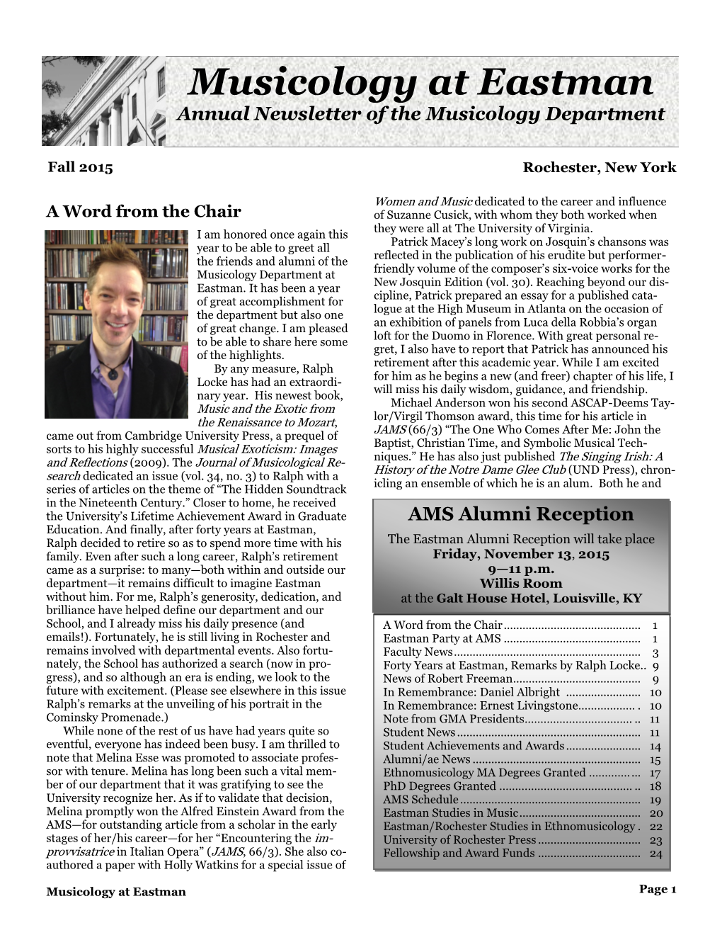 Musicology at Eastman Annual Newsletter of the Musicology Department