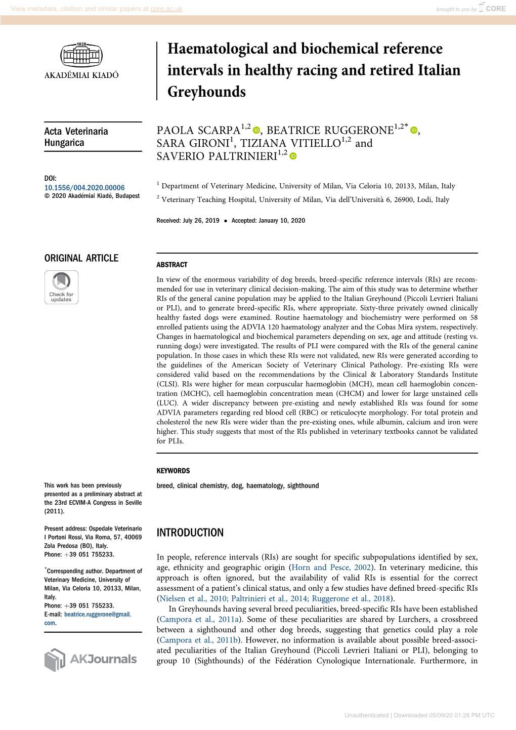 Haematological and Biochemical Reference Intervals in Healthy Racing and Retired Italian Greyhounds