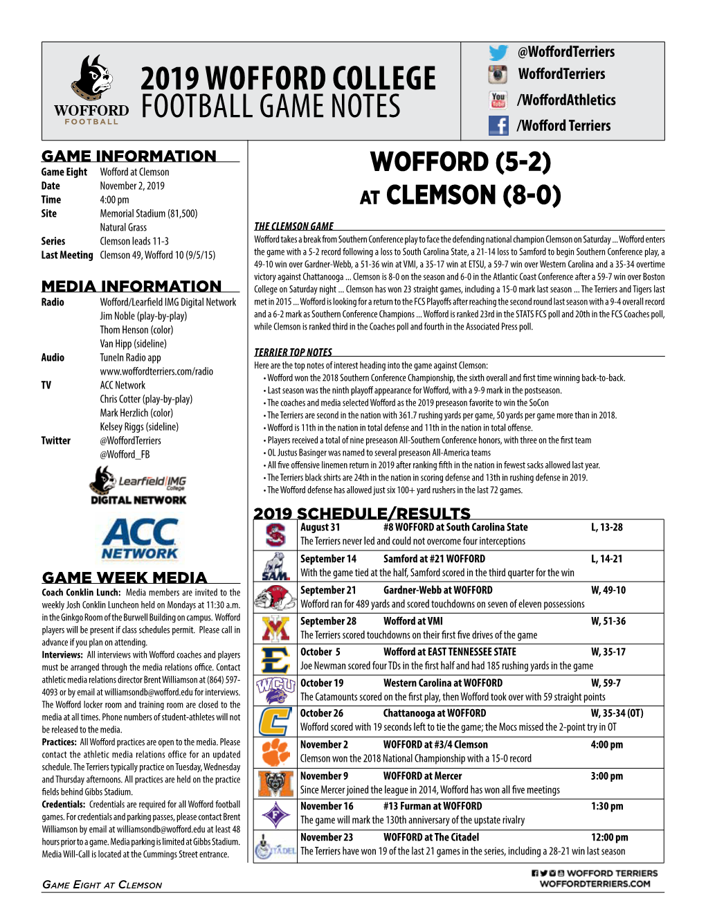 2019 Wofford College Football Game Notes