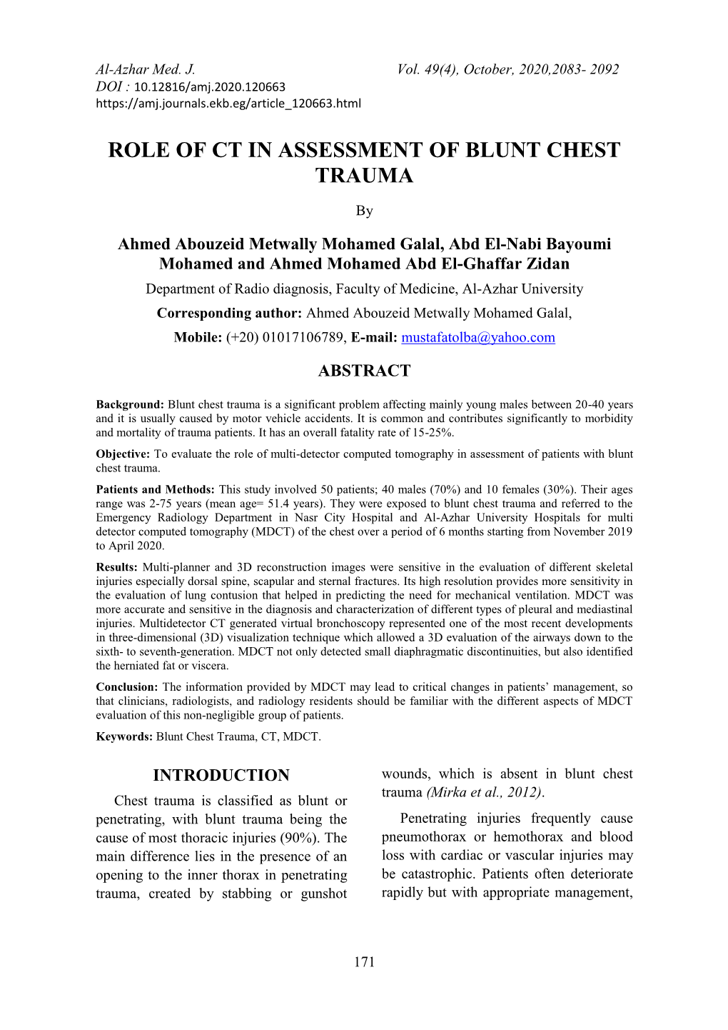 Role of Ct in Assessment of Blunt Chest Trauma