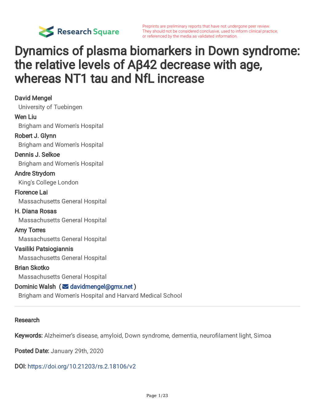 Dynamics of Plasma Biomarkers in Down Syndrome: the Relative Levels of Aβ42 Decrease with Age, Whereas NT1 Tau and Nfl Increase