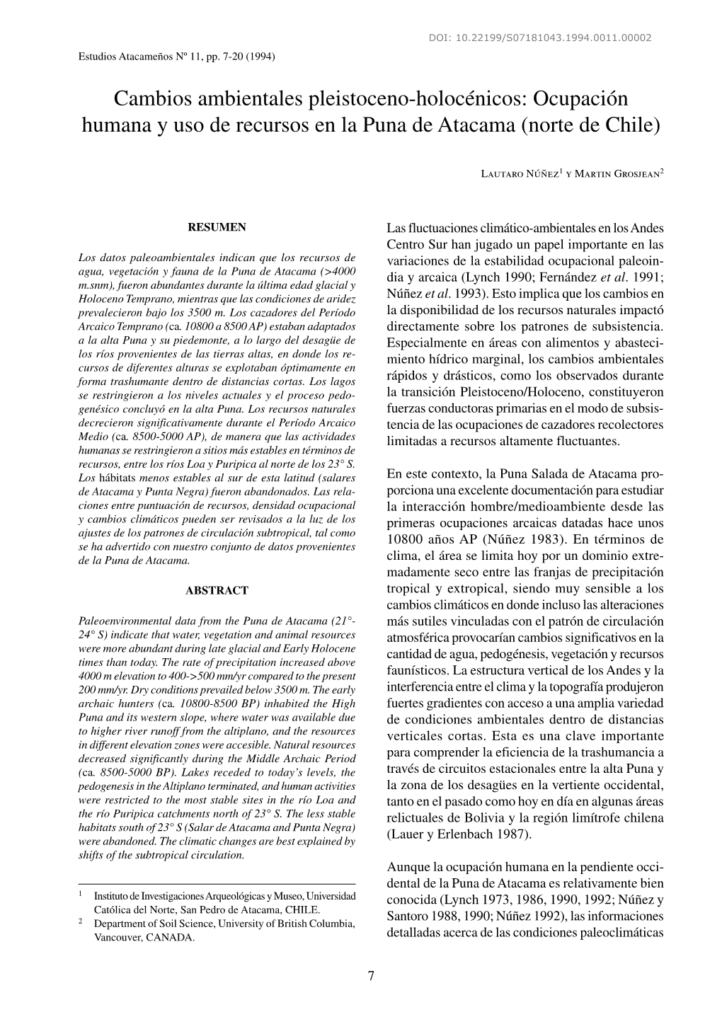 Cambios Ambientales Pleistoceno-Holocénicos: Ocupación Humana Y Uso De Recursos En La Puna De Atacama (Norte De Chile)