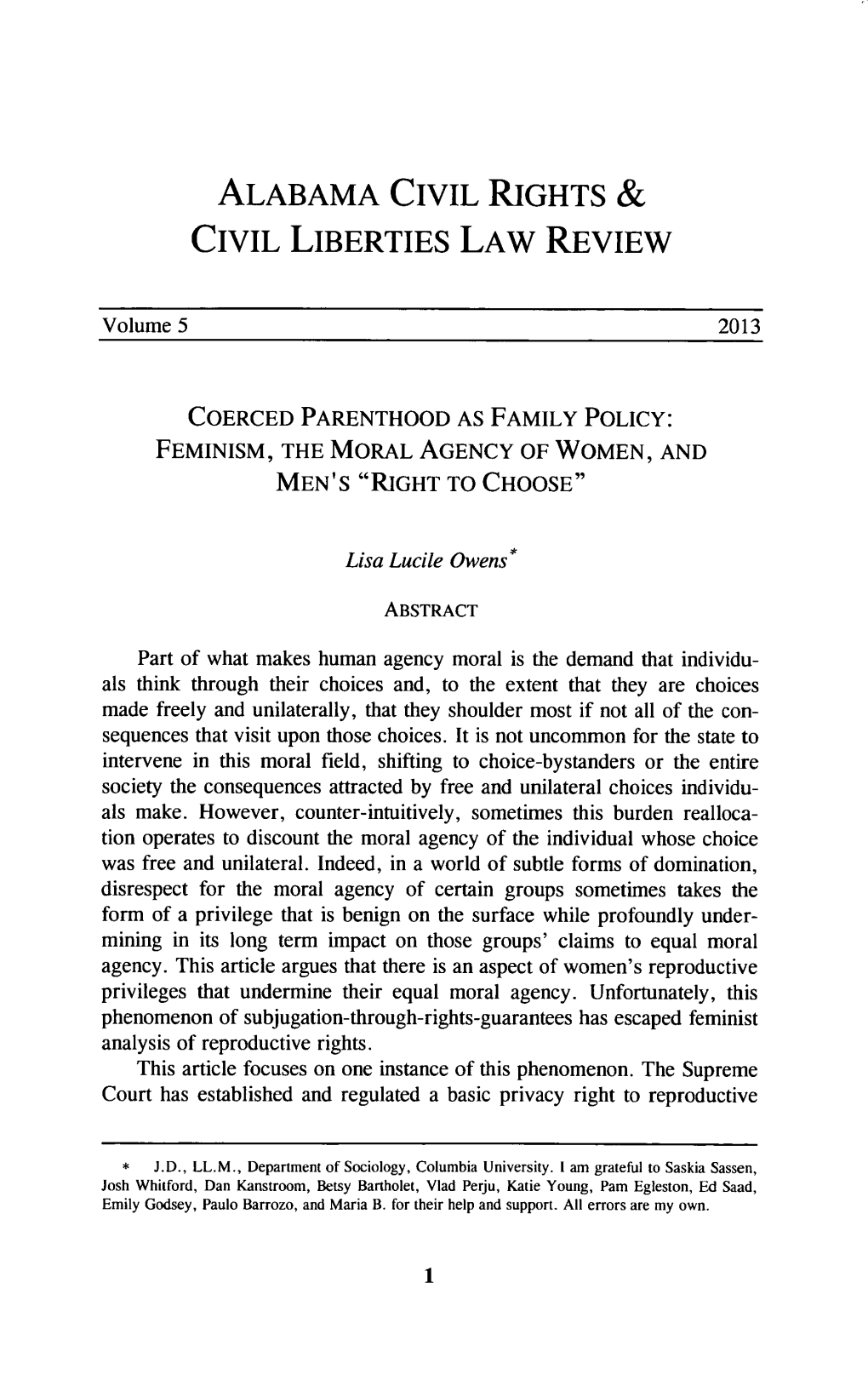 Coerced Parenthood As Family Policy: Feminism, the Moral Agency of Women, and Men's 