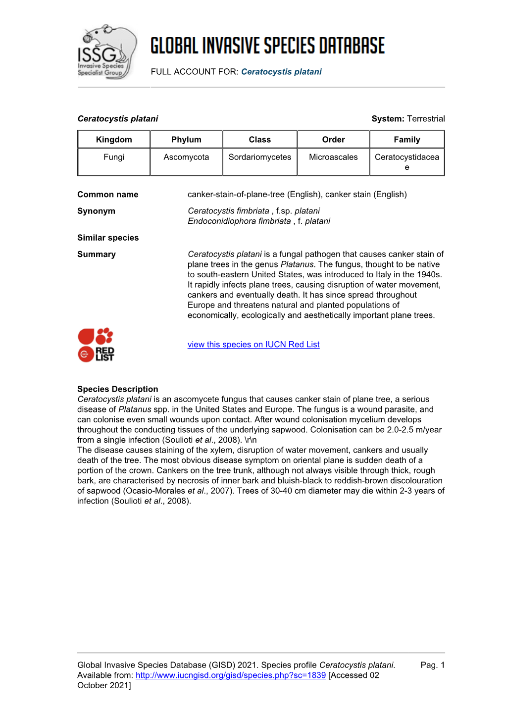 (GISD) 2021. Species Profile Ceratocystis Platani. Avail