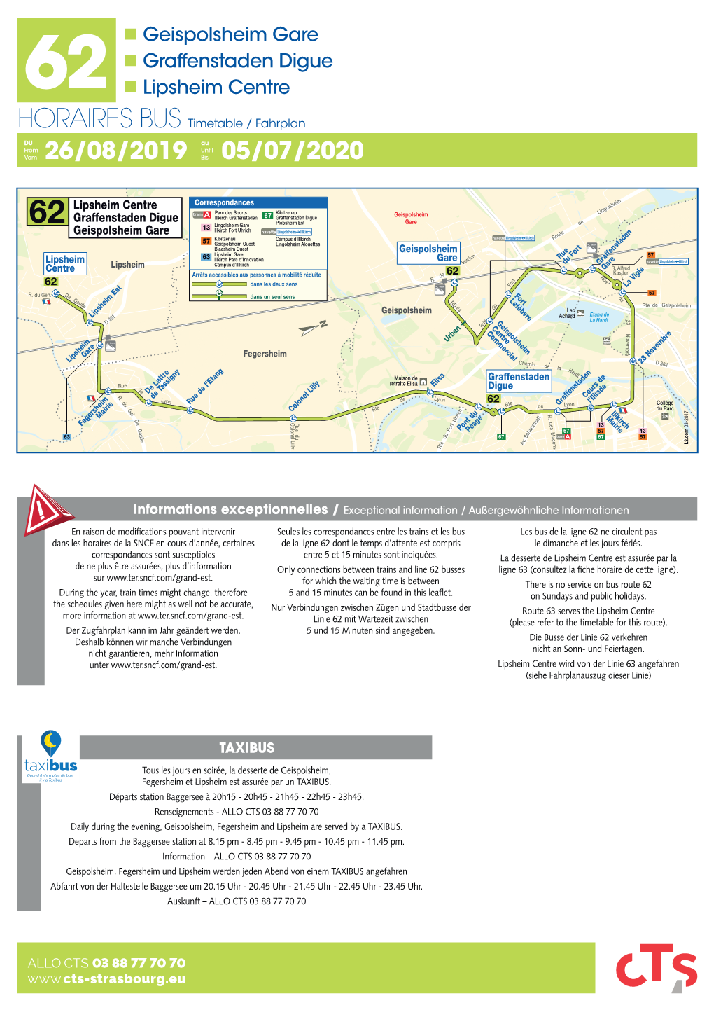 Geispolsheim Gare  Graffenstaden Digue 62  Lipsheim Centre HORAIRES BUS Timetable / Fahrplan DU Au from Until Vom 26/08/2019 Bis 05/07/2020