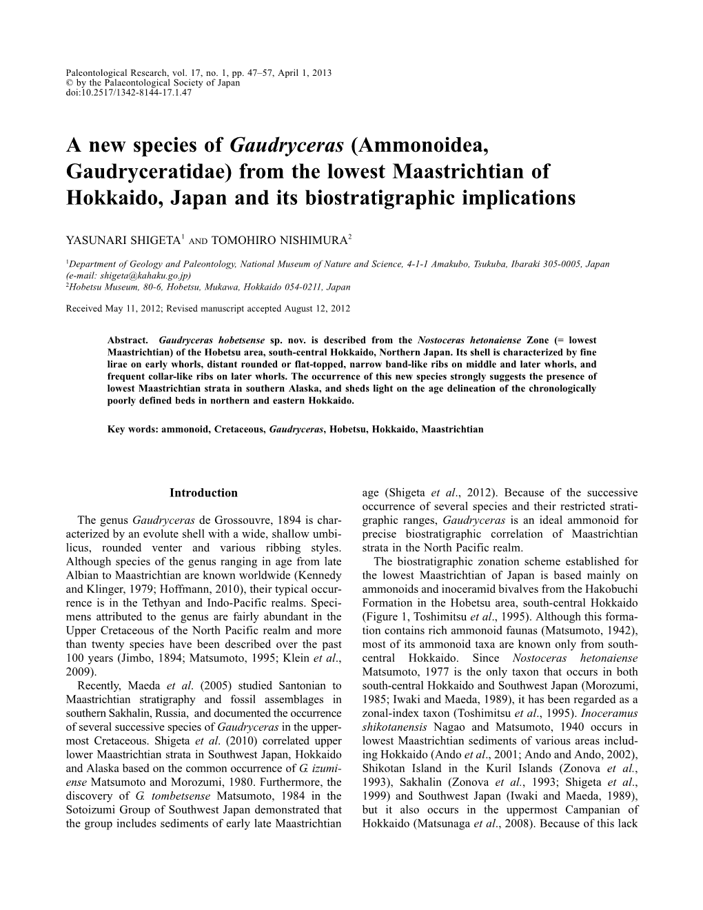 A New Species of Gaudryceras (Ammonoidea, Gaudryceratidae) from the Lowest Maastrichtian of Hokkaido, Japan and Its Biostratigraphic Implications