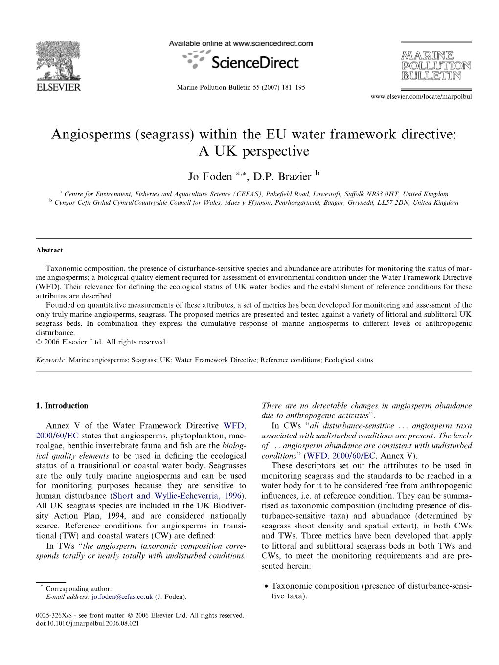 Seagrass) Within the EU Water Framework Directive: a UK Perspective