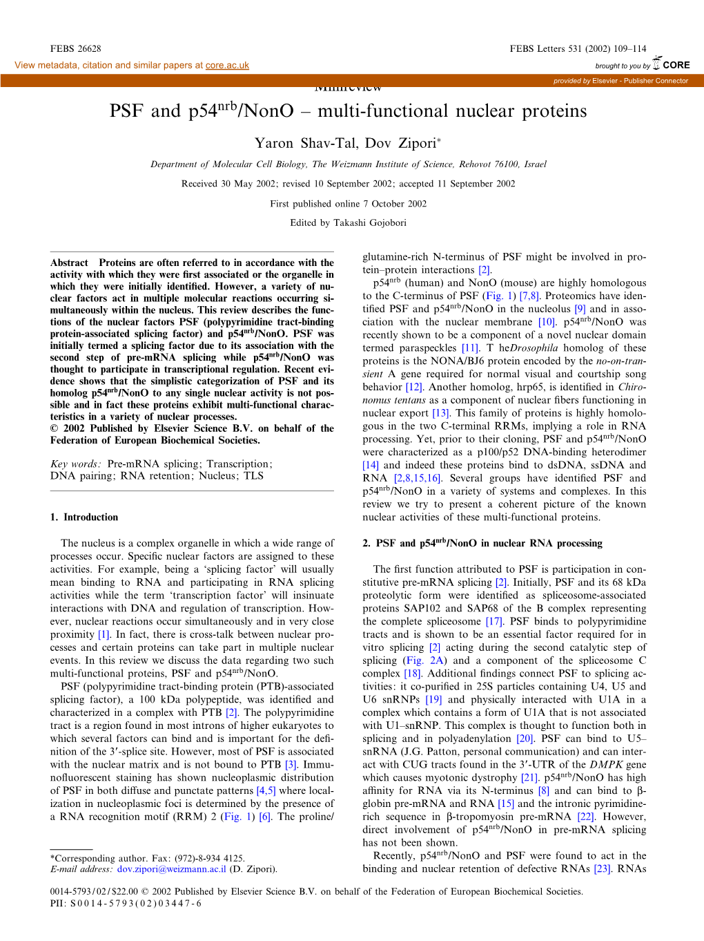 PSF and P54nrb/Nono ^ Multi-Functional Nuclear Proteins