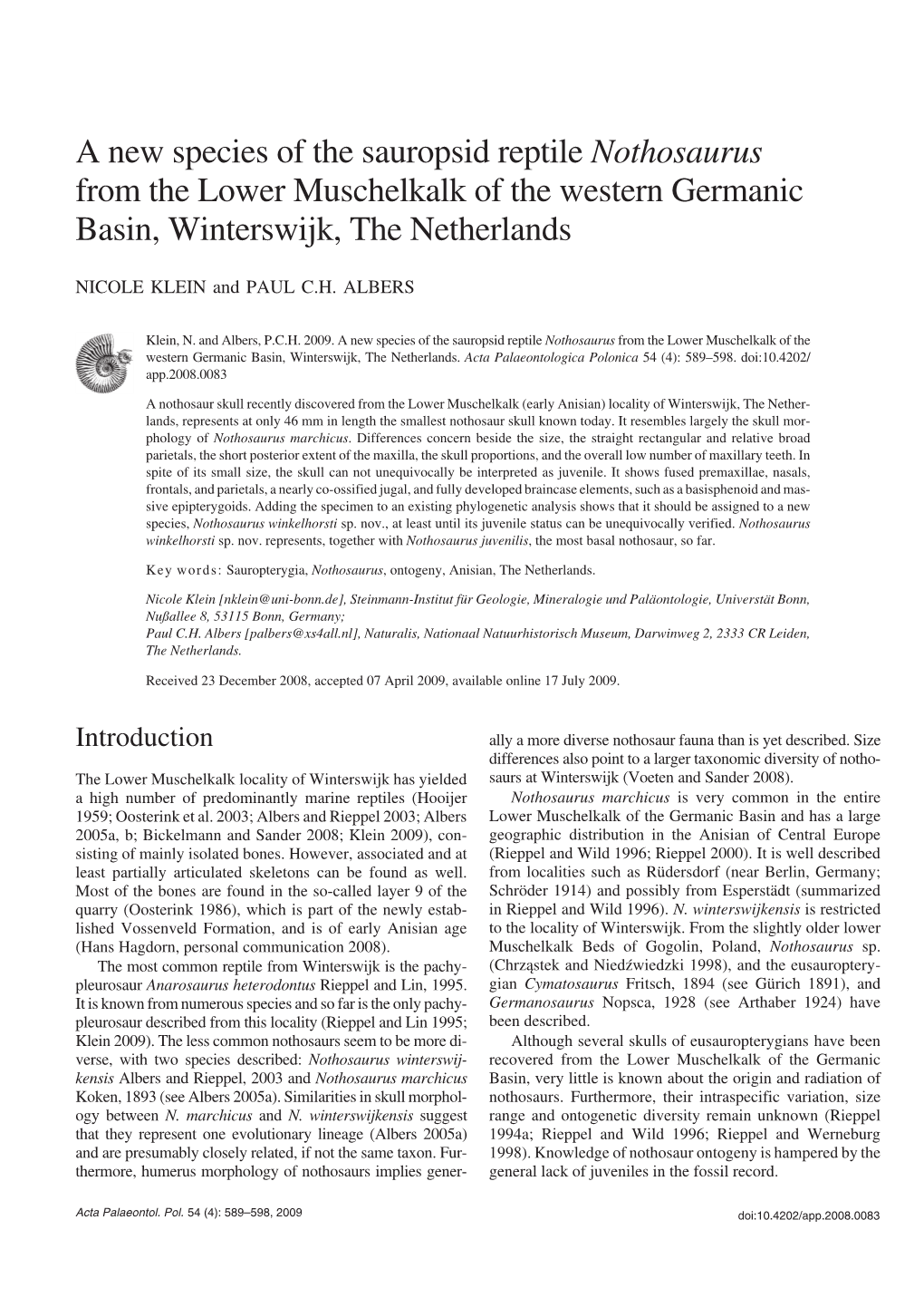 A New Species of the Sauropsid Reptile Nothosaurus from the Lower Muschelkalk of the Western Germanic Basin, Winterswijk, the Netherlands