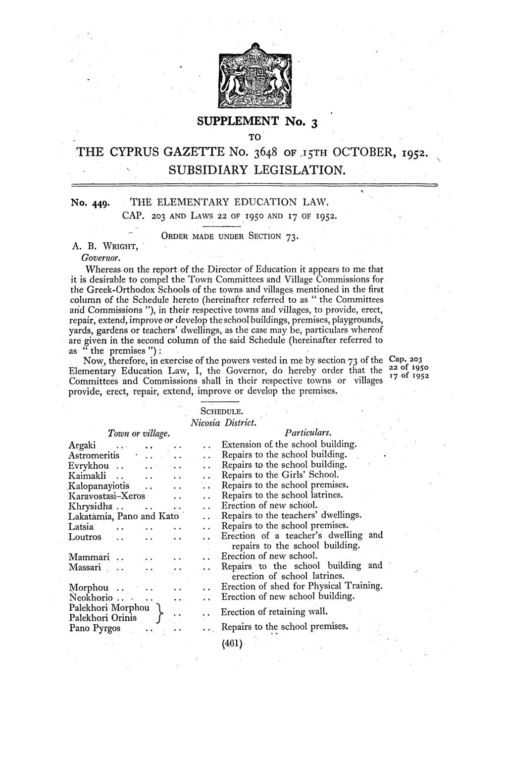 SUPPLEMENT No. 3 Το the CYPRUS GAZETTE No. 3648 of .15TH OCTOBER, 1952