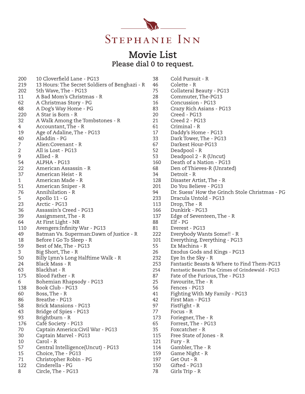 Movie List Please Dial 0 to Request