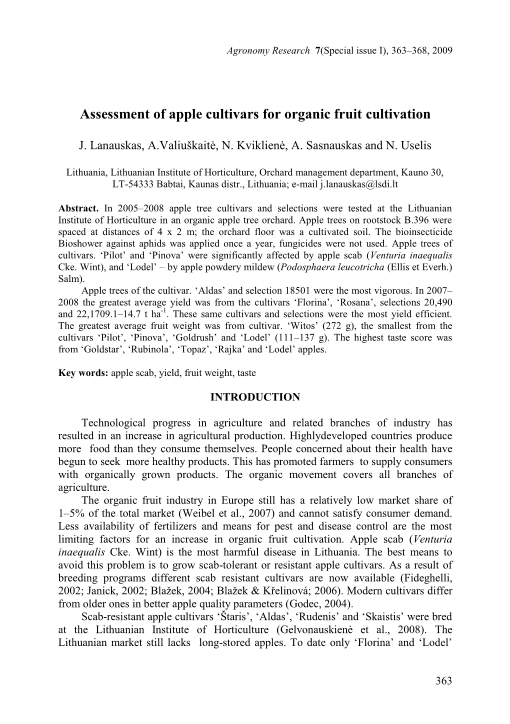 Assessment of Apple Cultivars for Organic Fruit Growing