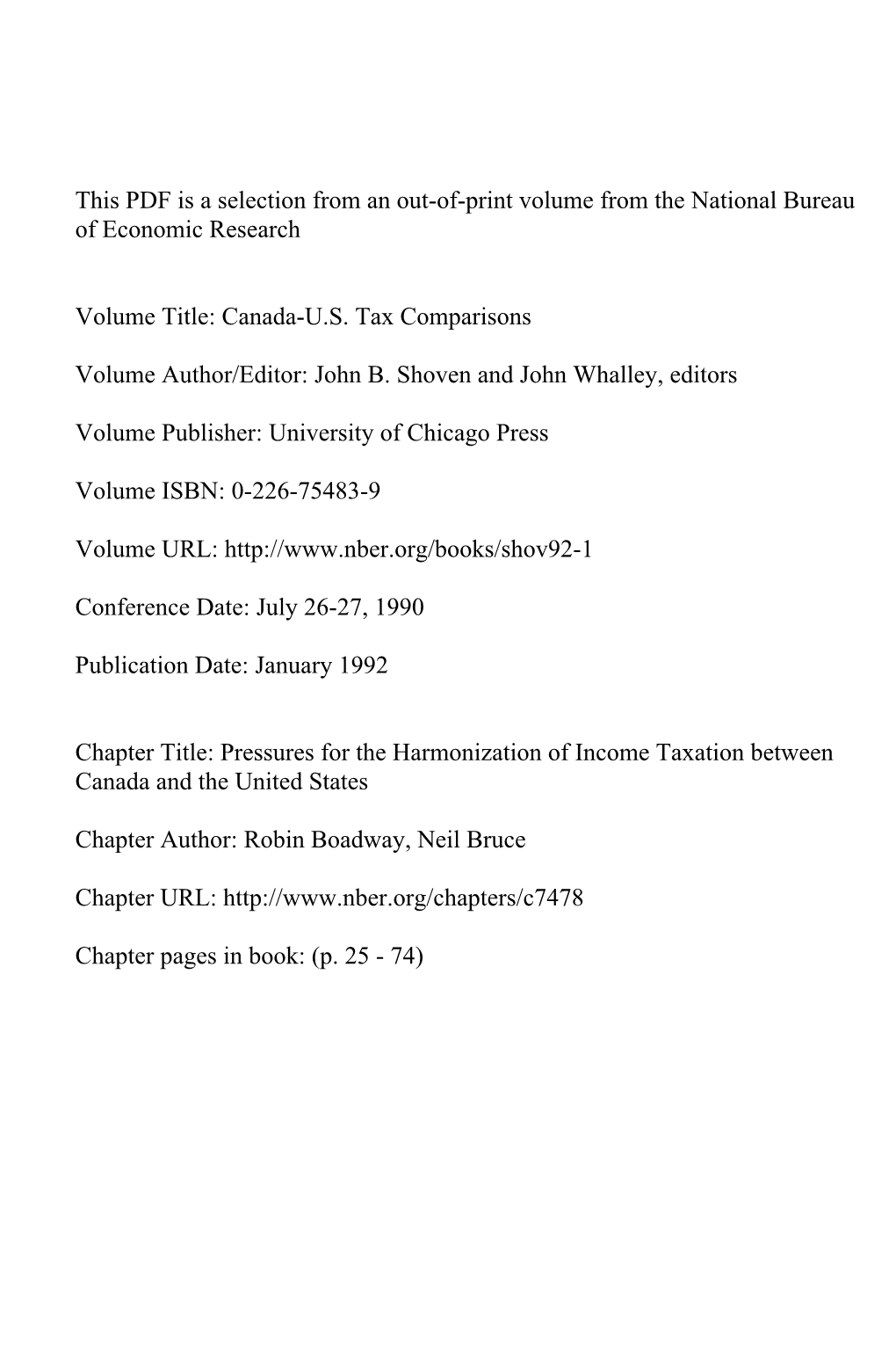 Pressures for the Harmonization of Income Taxation Between Canada and the United States