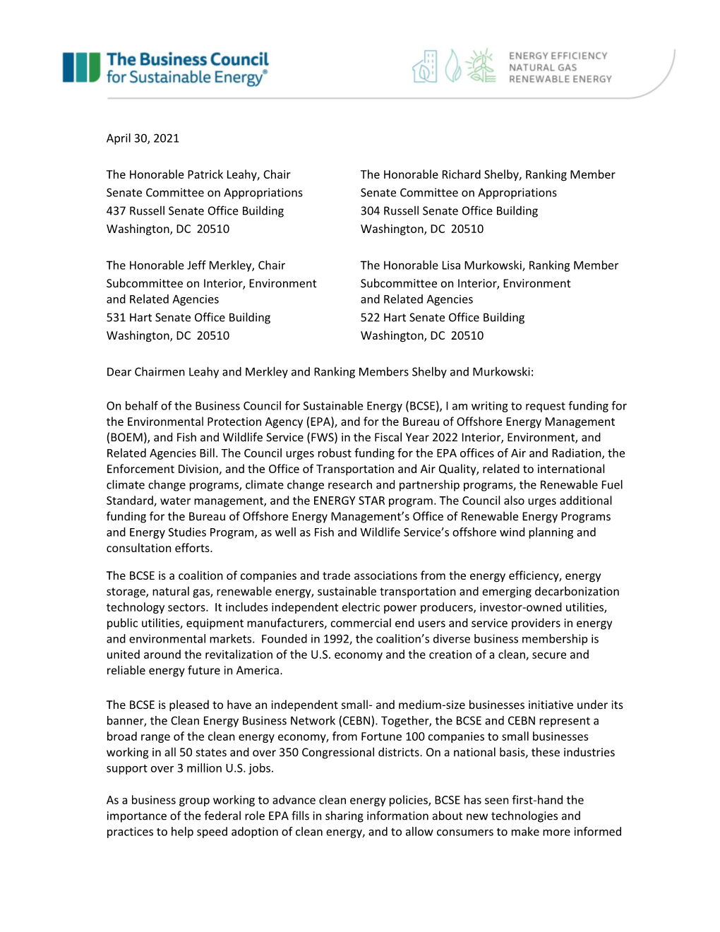 4.30.21 BCSE FY2022 Interior EPA Appropriations Letter Senate FNL.Pdf
