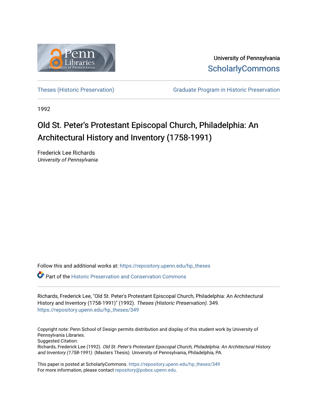 Old St. Peter's Protestant Episcopal Church, Philadelphia: an Architectural History and Inventory (1758-1991)