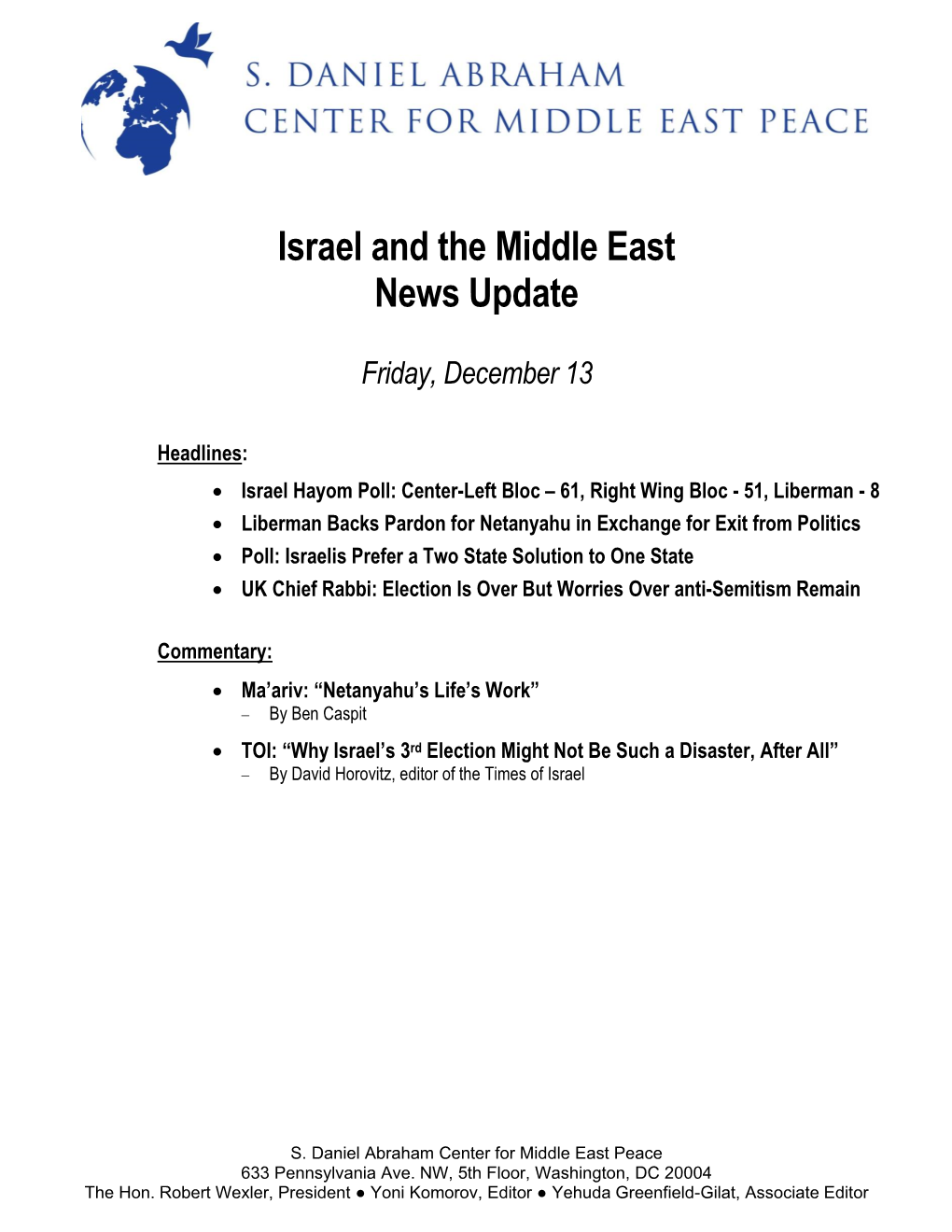 Israel and the Middle East News Update