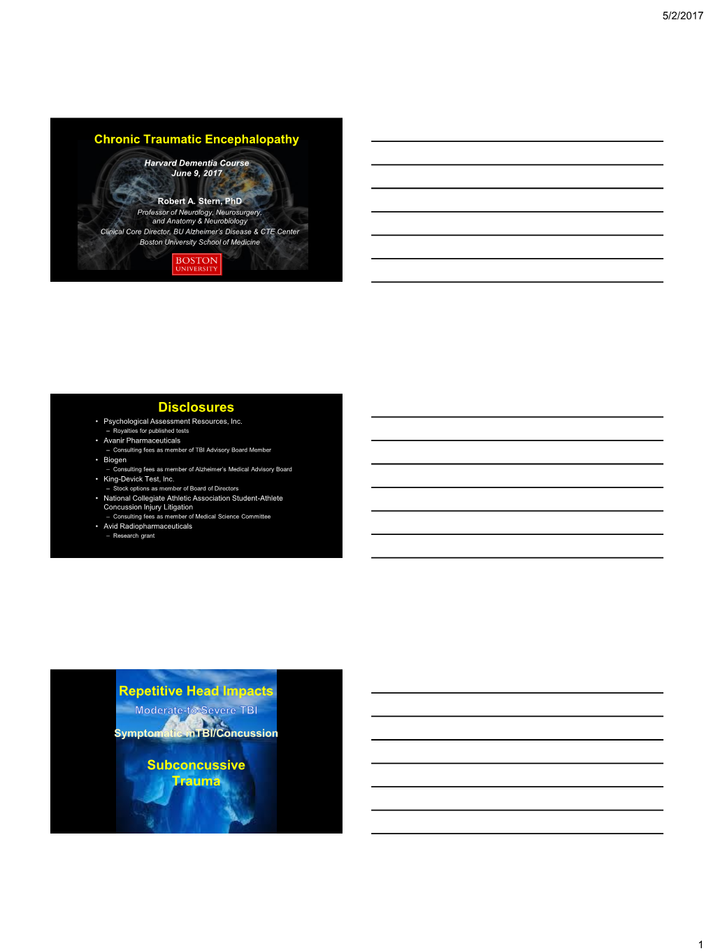 Disclosures Repetitive Head Impacts Subconcussive Trauma