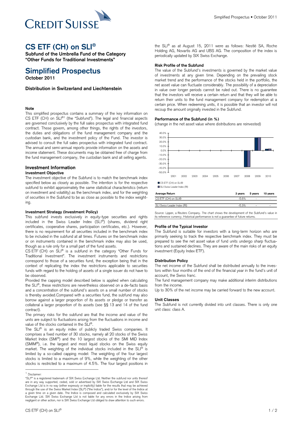 CS ETF (CH) on SLI Holding AG, Novartis AG and UBS AG