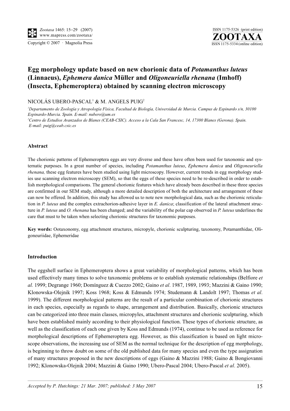 Zootaxa,Egg Morphology Update Based on New