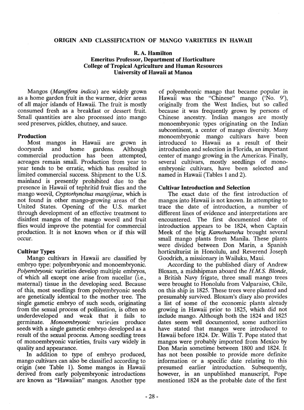 Origin and Classification of Mango Varieties in Hawaii