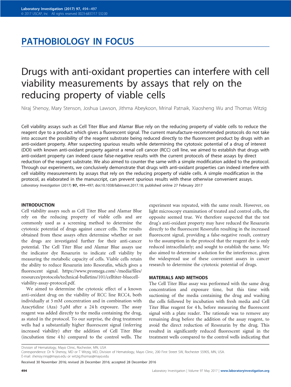 Drugs with Anti-Oxidant Properties Can Interfere with Cell Viability