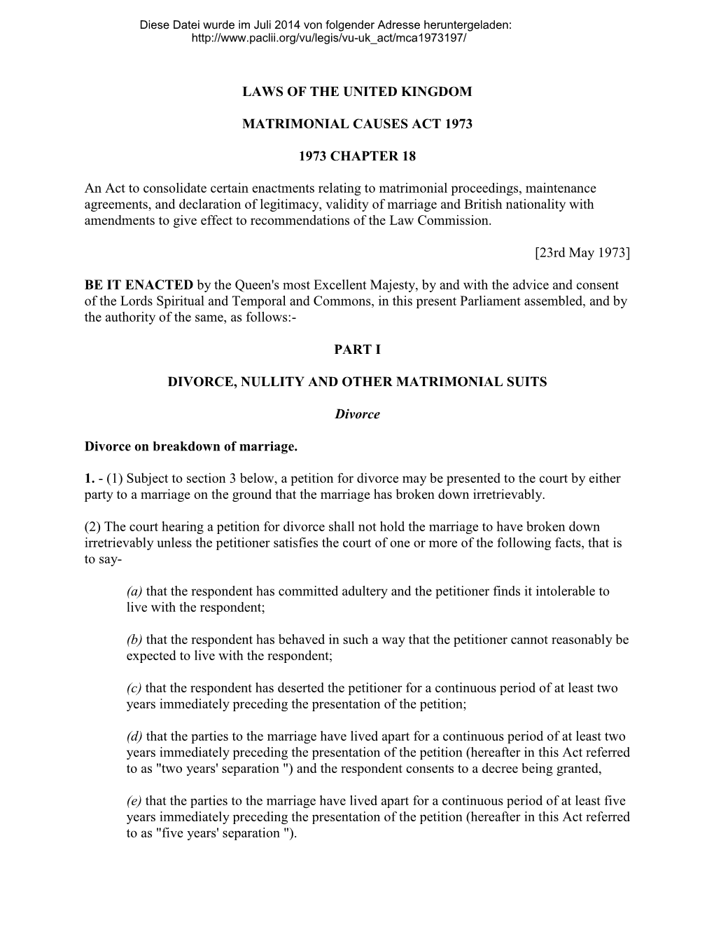 Laws of the United Kingdom Matrimonial Causes Act 1973
