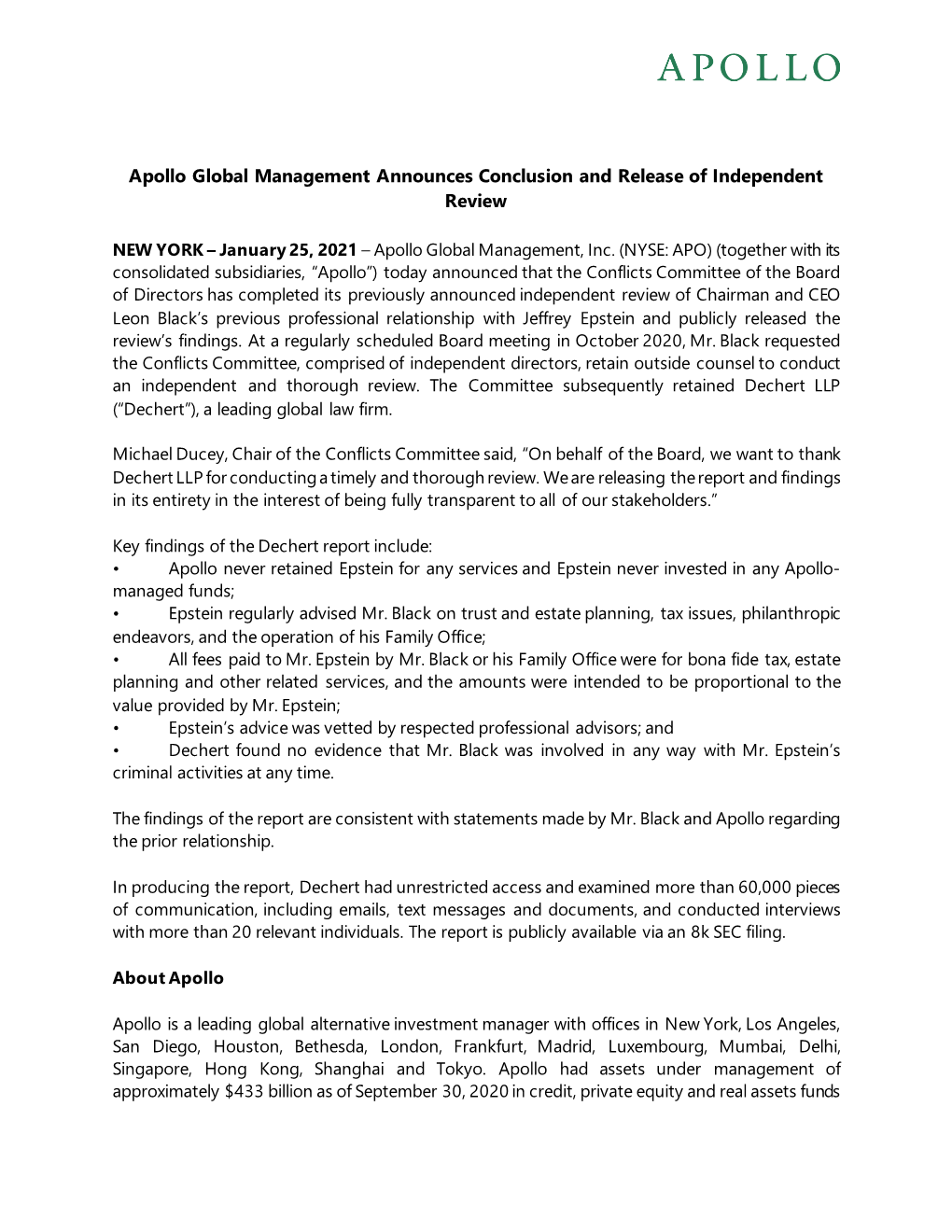 Apollo Global Management Announces Conclusion and Release of Independent Review