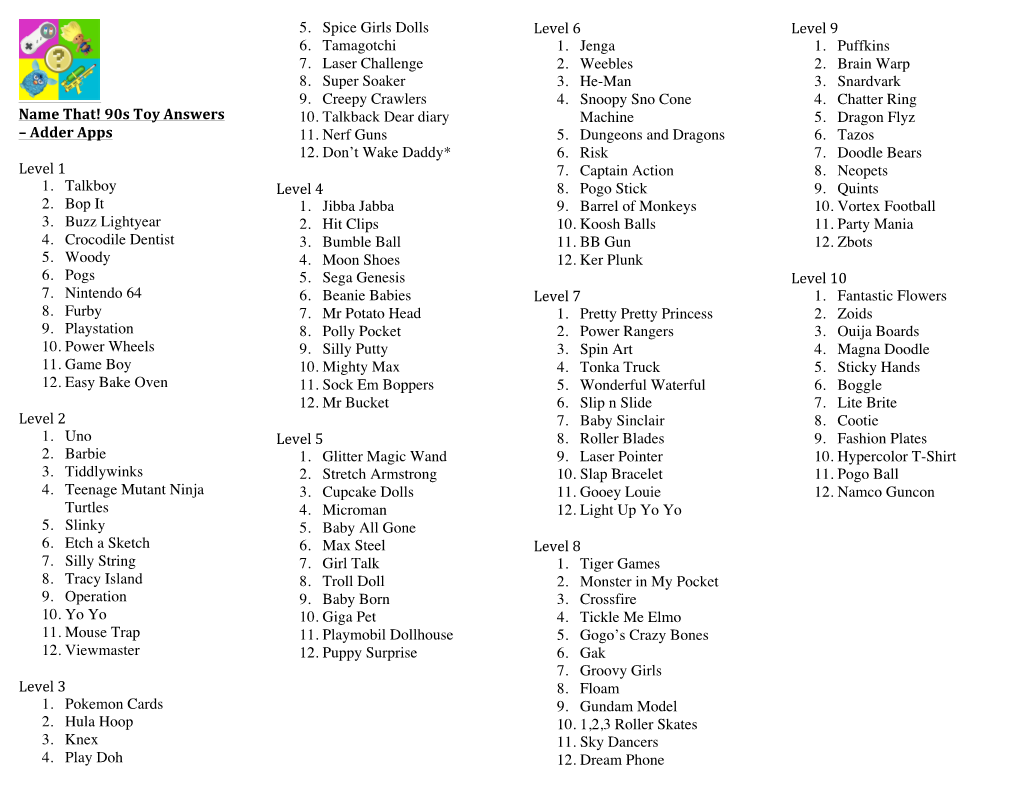 Name That! 90S Toy Answers – Adder Apps Level 1 1. Talkboy 2. Bop It 3